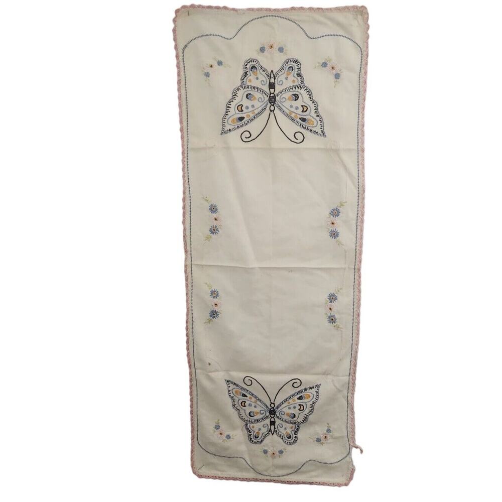 VTG 70s Butterfly Table Runner Embroidered Bedroom Dresser Scarf Cottage Grandma